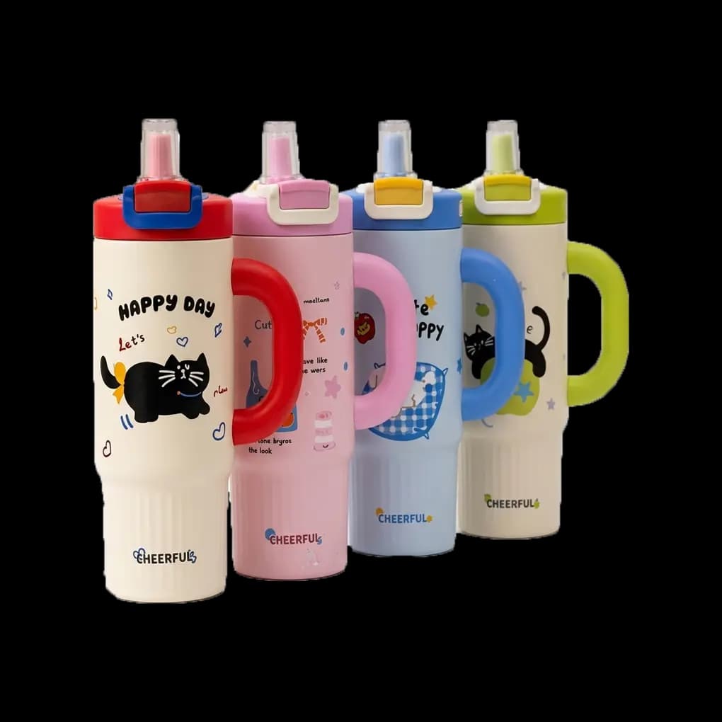 Cheerful Cartoon Printed Water Bottle with Handle and Straw
