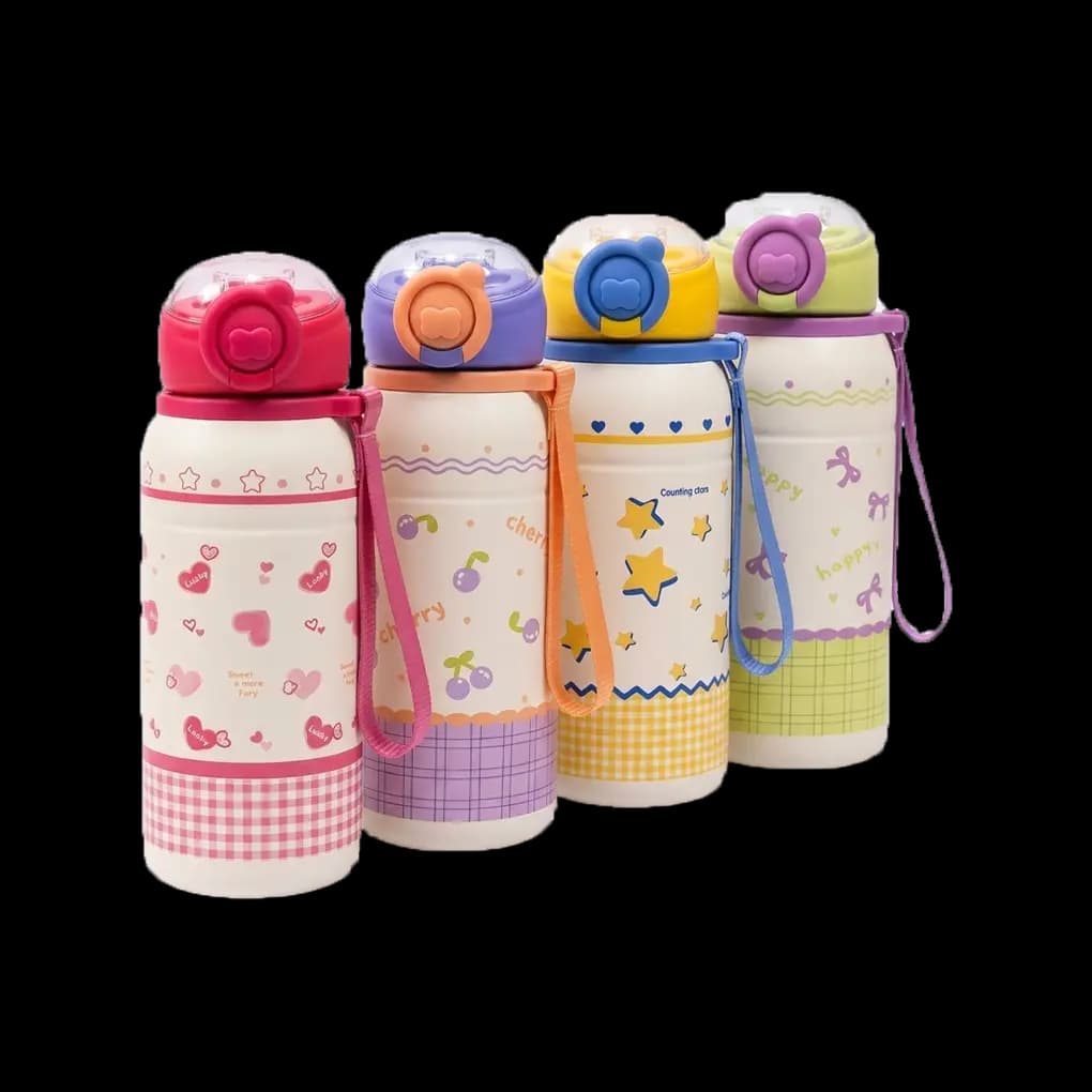 Cute Printed Kids Water Bottle with Strap & Flip-Top Lid