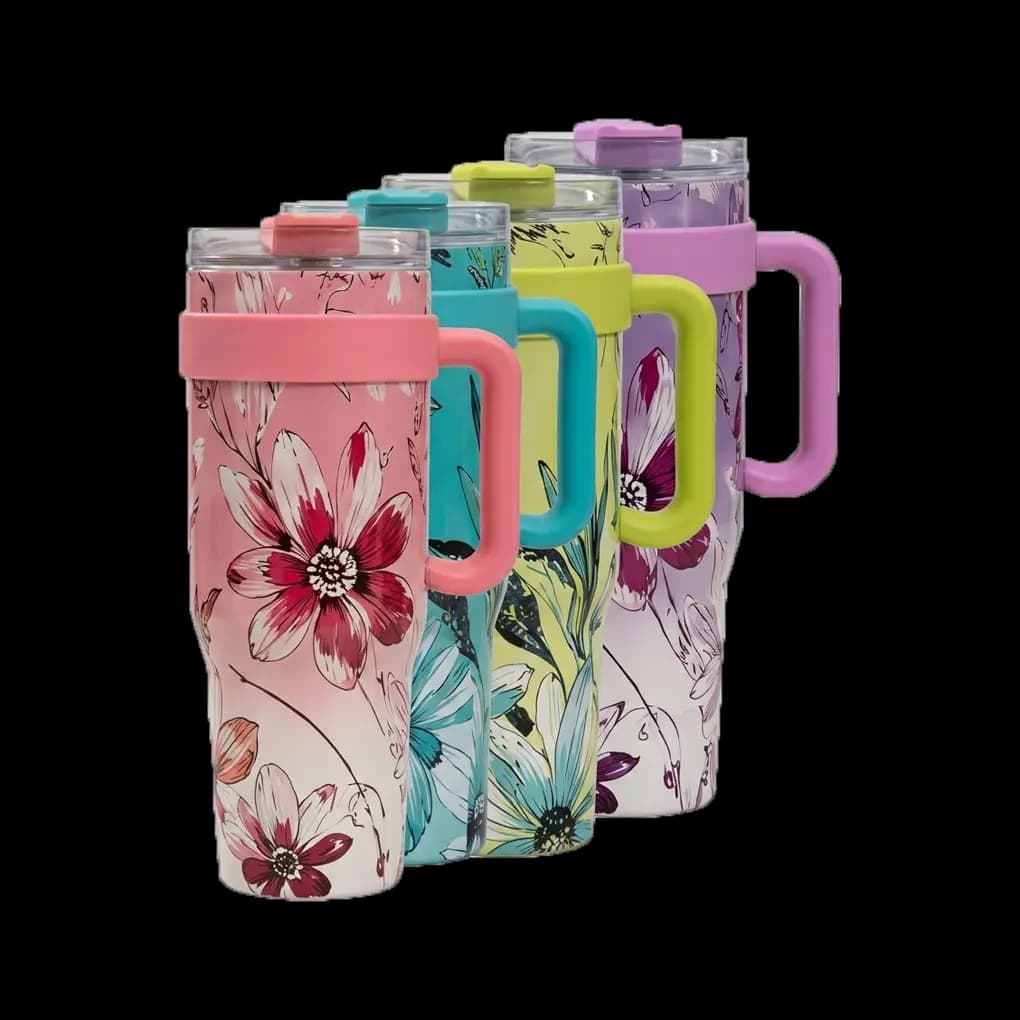 Floral Print Handled Tumbler with Straw Lid