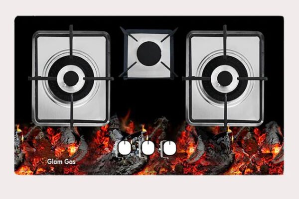 Glam Gas - Built In Hob Fire Stone Square 3 Burner ? Digital Display, Heatrayz - FSQ (SNS)